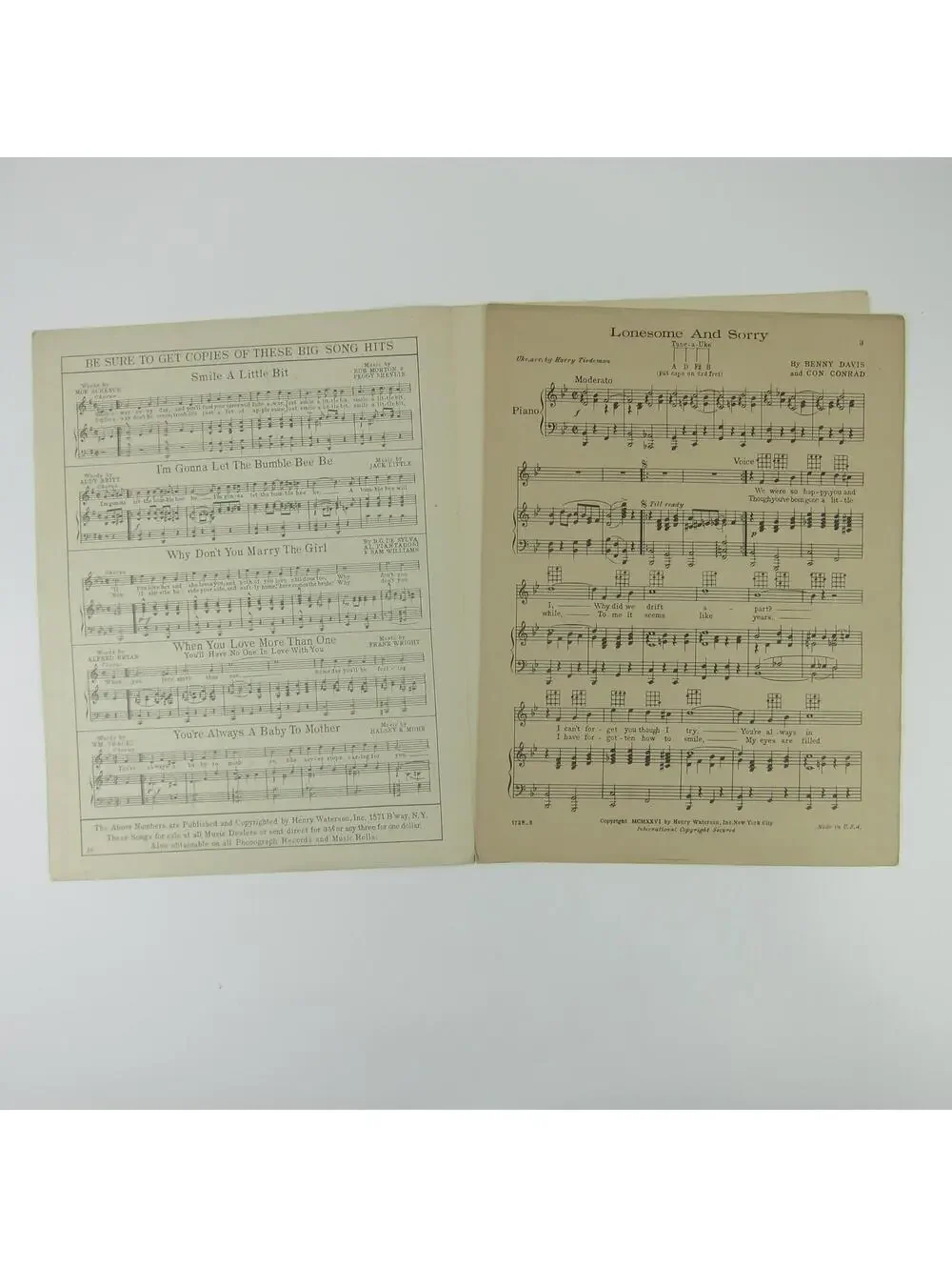 Sheet Music Lonesome and Sorry Milton Berle Benny Davis Con Conrad Antique 1926